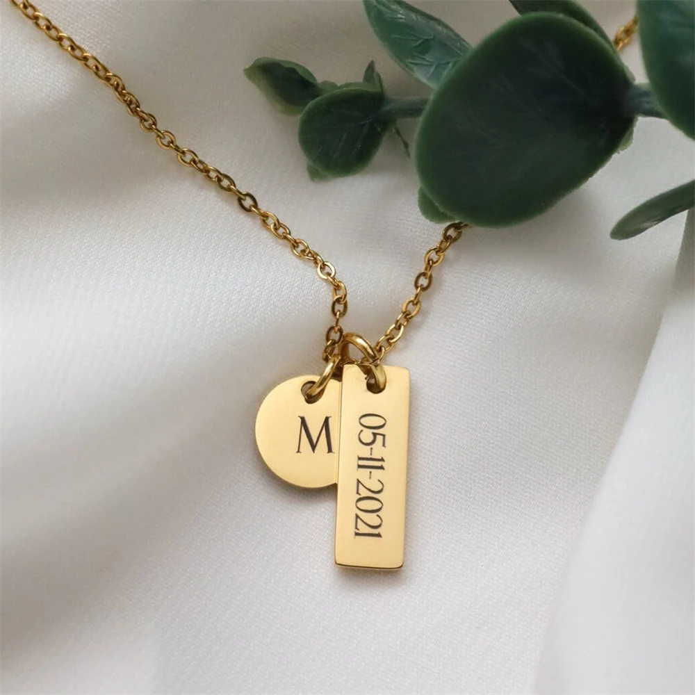 

Custom Geometric Round Initial Letter Necklaces Stainless Steel Jewelry Personalized Date Birth Nameplate Necklace