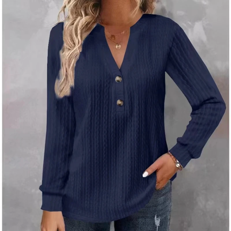 

New Long-sleeved Solid V-neck Button T-shirt Top Women Autumn Winter