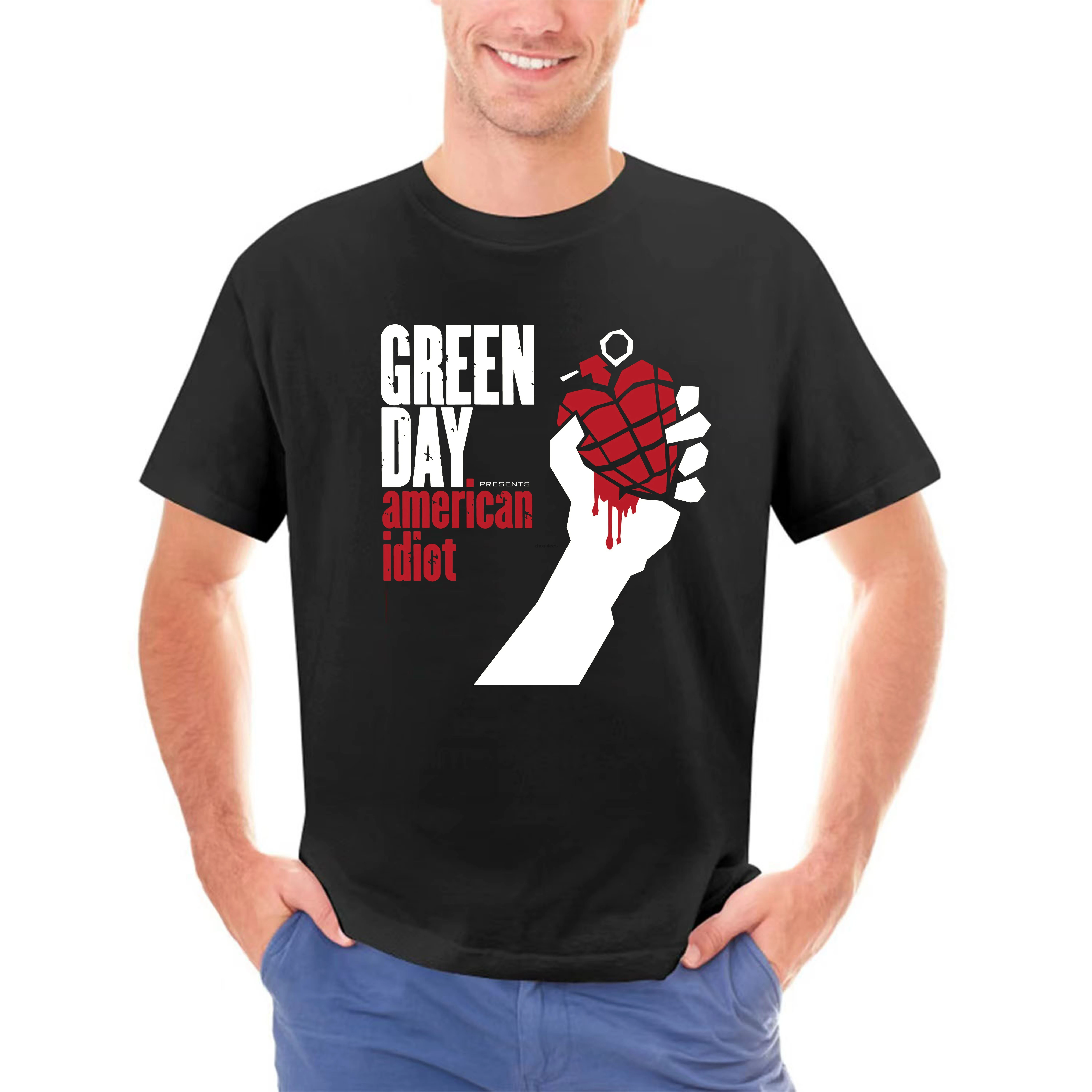 Greenday New Punk Rock T shirt Homme Cotton O-neck Short Sleeve Print American Idiot Fan Fashion 2XL T-shirt Men Black