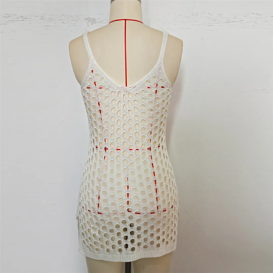 Ausgehöhlte, ärmellose, einfarbige, gehäkelte, gestrickte Tunika, Strand-Überwurf, Strandkleid, Strandmode, Damen V8246 – Detail 9
