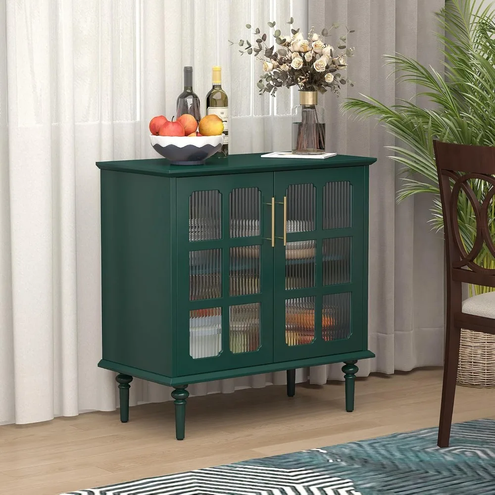 

Vintage Buffet Cabinet with 2 Lattice Glass Door, Wooden Accent Cabinet with Adjustable Shelves, Credenza for Living Room, Kitch