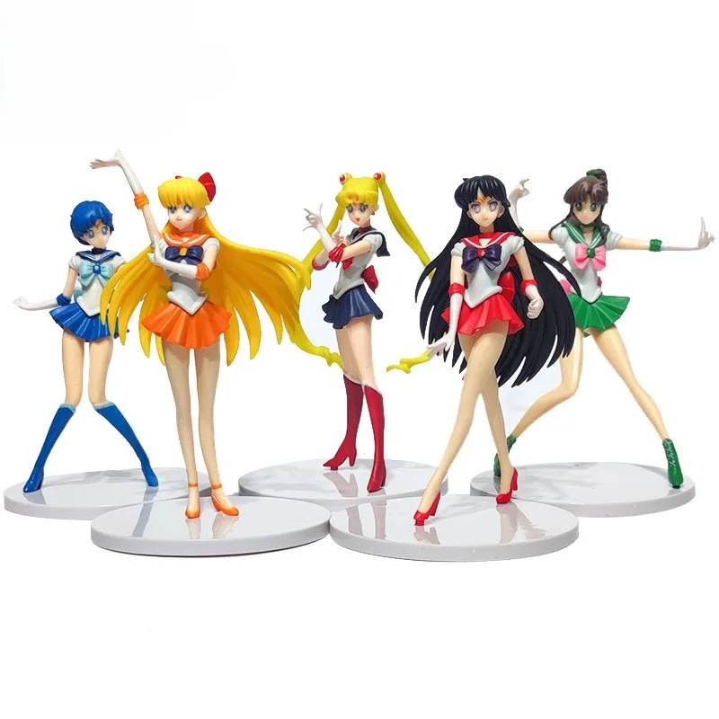 5Pcs Large Standing PVC Anime Figure Sailor Moon Team Tsukino Usagi Cartoon Figurine Desk Car Ornament Model Gift Toy