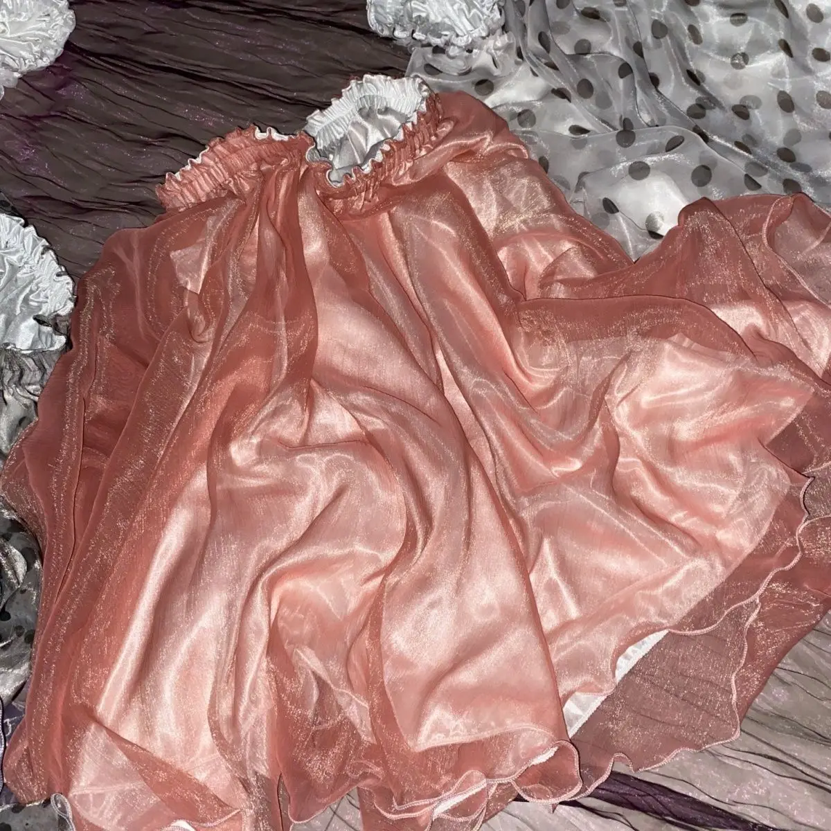 Glossy 2 Layers Mesh Satin Silk Sexy Women High Waist Skirt Print Loose Sleeping Long Bottoms
