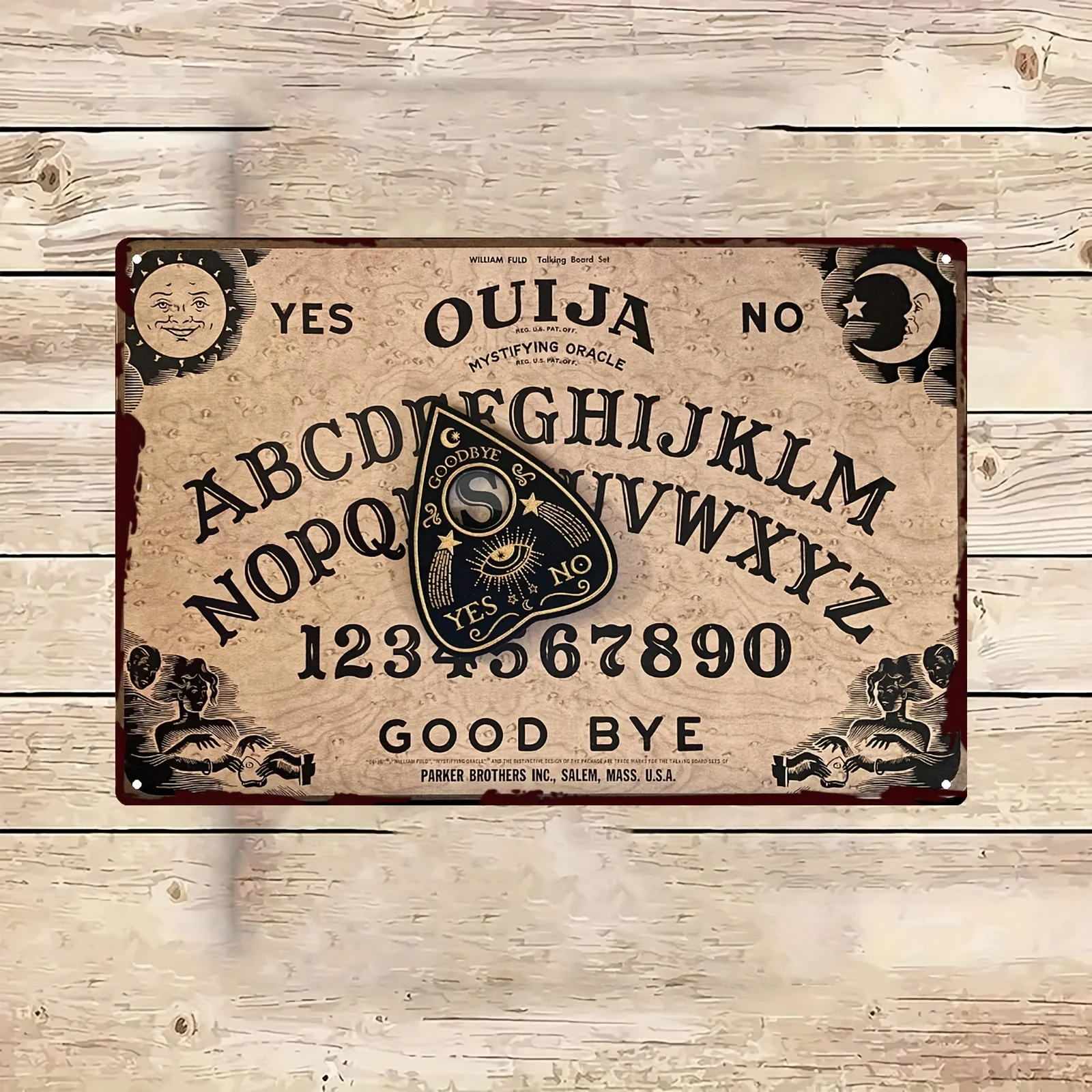 Letrero de hojalata Ouija vintage, arte de pared de hierro con diseño de luna mística y estrella, botones "YES" "NO", perfecto para Halloween y Navidad