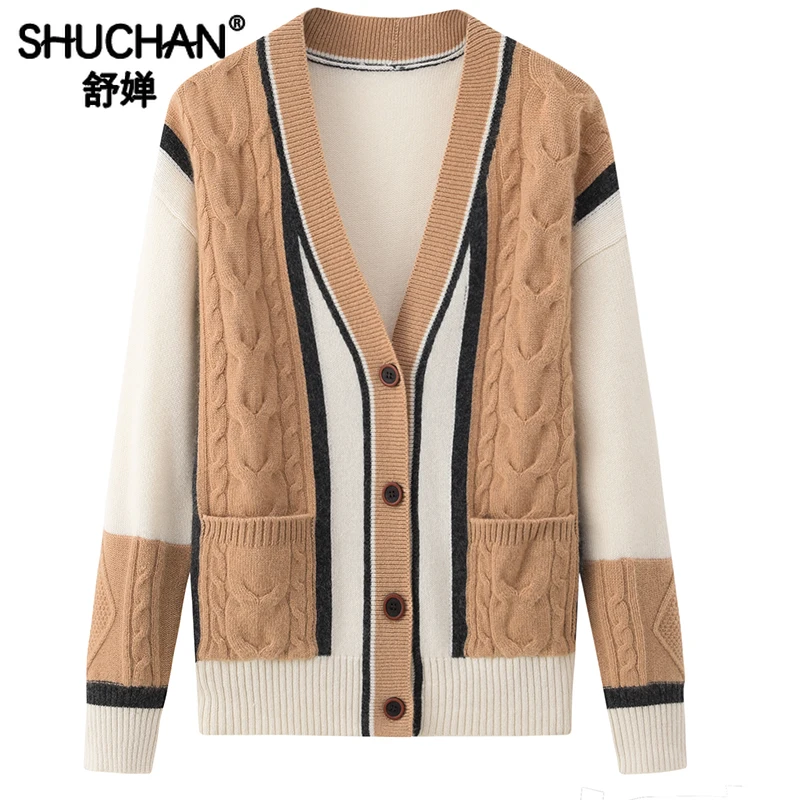 

Fashion Design Cardigan Feminino Pure Cashmere High Quality Winter Thick Warm England Style Pockets Loose Fit Sweaters