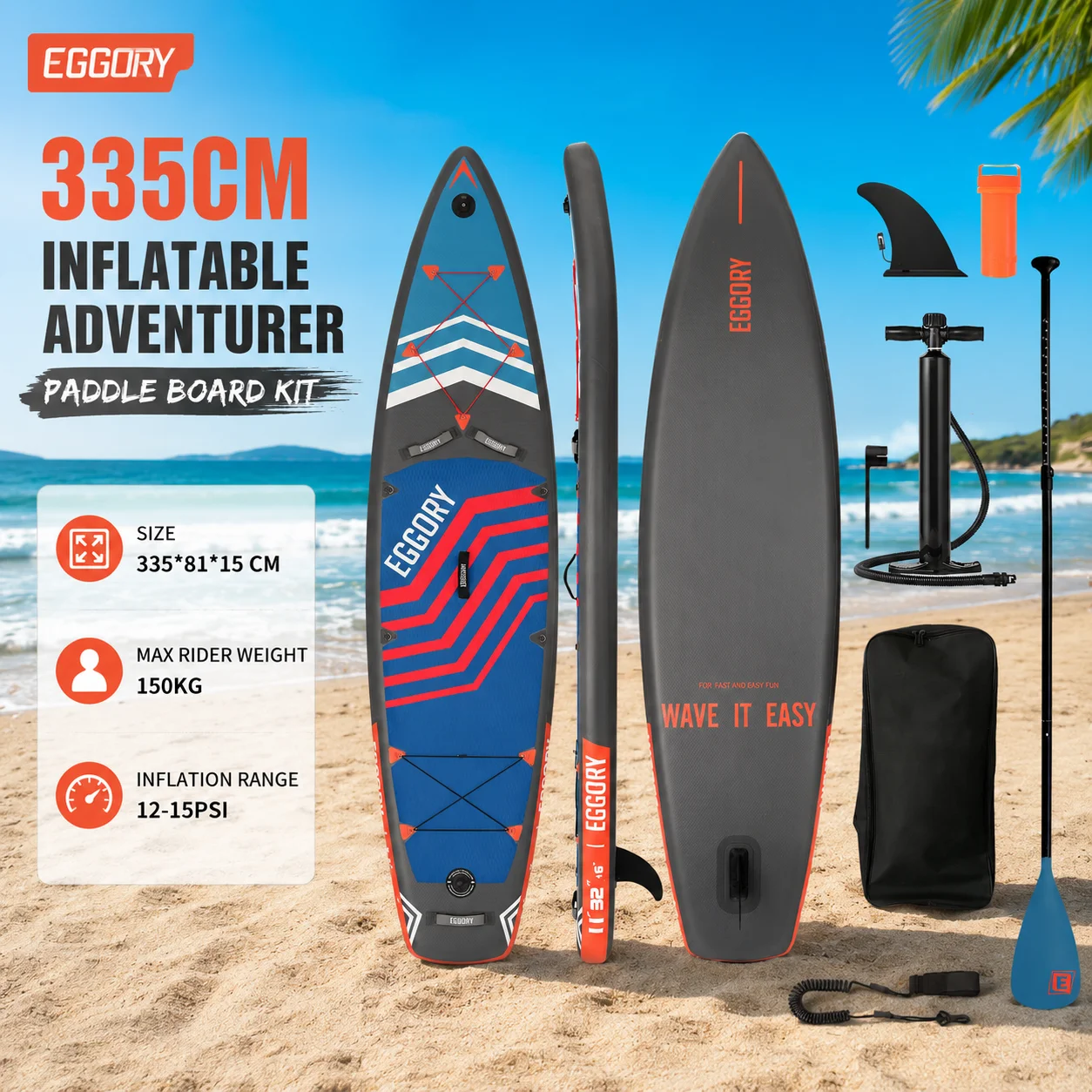 Eggory 5020774 Dunkelgraues Fluoreszenzrates Aufblasbares SUP Stand Up Paddle mit maximaler Belastbarkeit von 150 kg für Erwachsene Wassersportarten im Freien geeignet für Anfänger