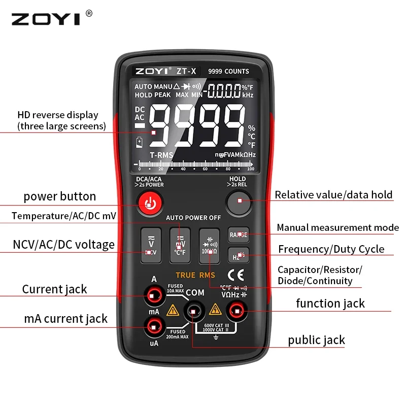 ZOYI Digital Multimeter ZT-X T-RMS Auto Range EBTN LCD Display DC/AC Voltmeter Ammeter Current Capacitor Ohm Temp Hz NCV Tester