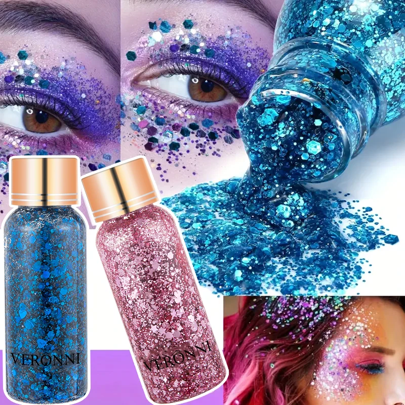 2個入り フェイス＆ボディグリッターメイクアップセット アプリケーターブラシ付き、フェスティバルパーティー用キラキラスパンコール アイシャドウ ネイルアートデコレーション