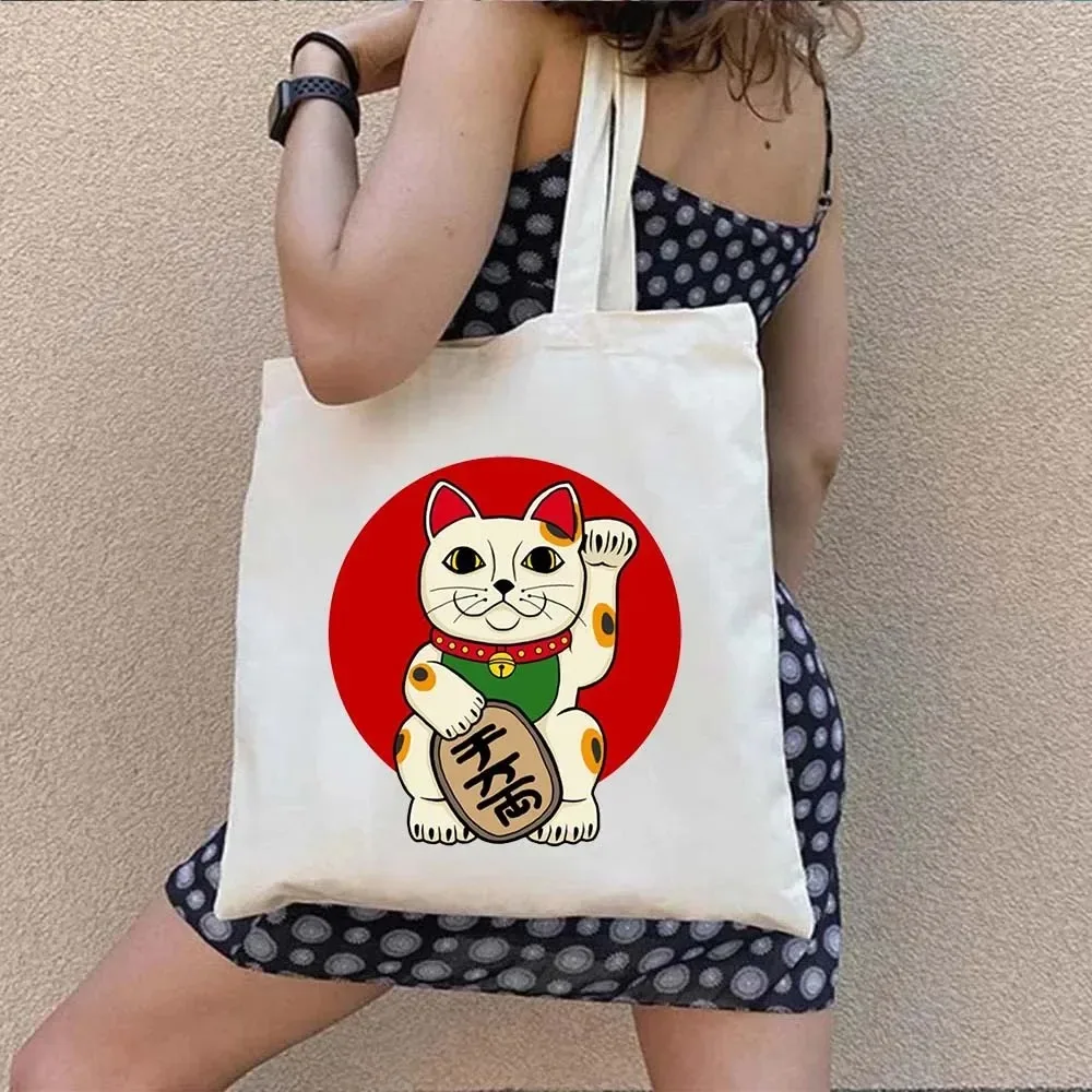 Cartoon Lucky Cat Canvas Handbag Maneki Neko Heart Shaped Coin Pattern Eco Friendly Reusable Single Shoulder Shopping Bag