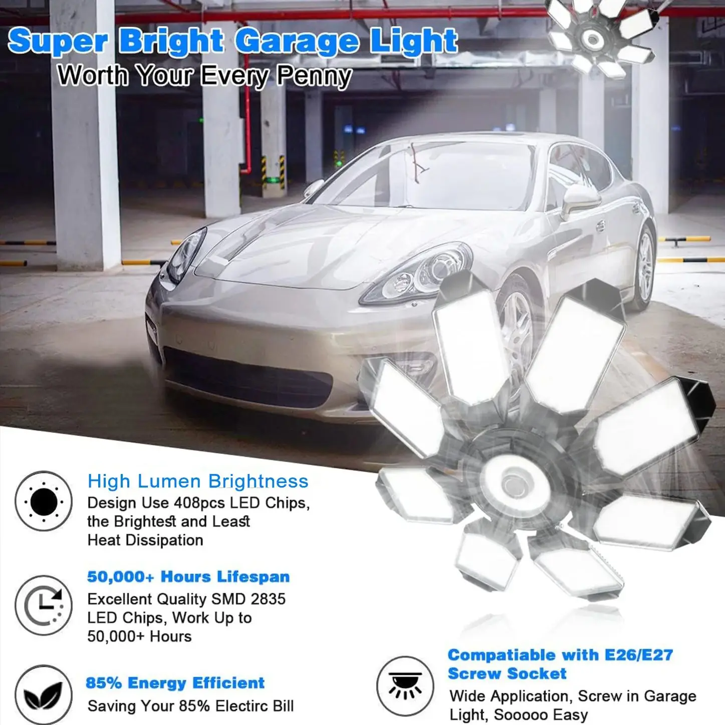 Deformable LED Garage Lamp With 8+1 Panels Super Bright Ceiling Bulbs Screw In E26/E27 Base(not include) for Warehouse Lighting