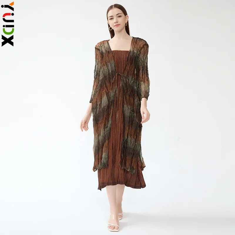 

YUDX Miyake Women Dresses Outer 2 Pieces Design Long Sleeve Pleated Fashion Slim Two Pieces 2024 Spring New Dresses 2 Sets