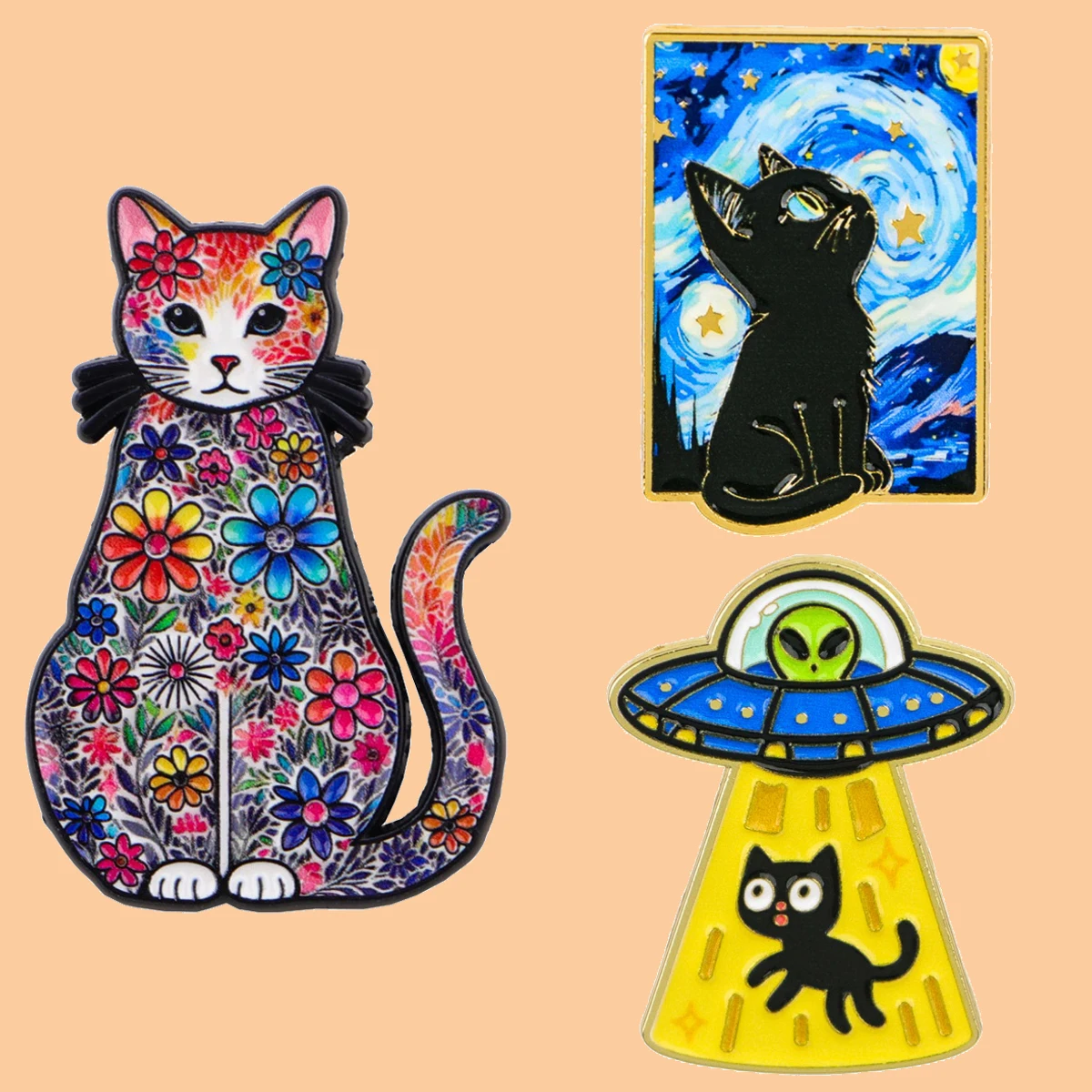 

Starry Night Black Cat Enamel Pins Funny UFO Cat Abduction Lapel Pin Badge on Backpack Clothing Accessories Fashion Jewelry Gift
