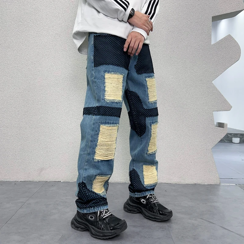 

New Men'S Jeans Brand Couple Loose Straight Black Casual Washed Versatile Designer Splicing Fashion Stree Youth Cowboy Pants