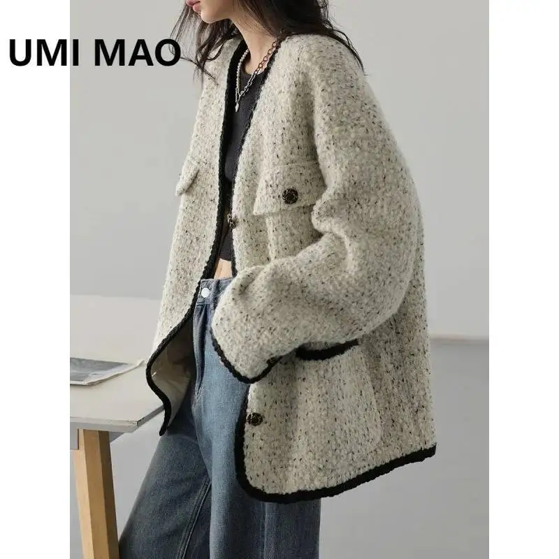 UMI MAO Women's Woolen Coat Heavy Industry Down Jacket Vintage V-Neck Woman Down Coat Female Tops Autumn Winter