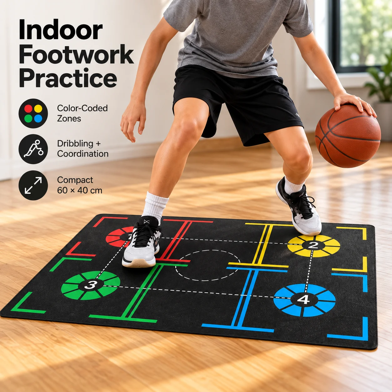 Kids Basketball Training Mat 60x40cm Color Zone Footwork Practice Pad for Indoor Home Dribbling and Coordination Exercise