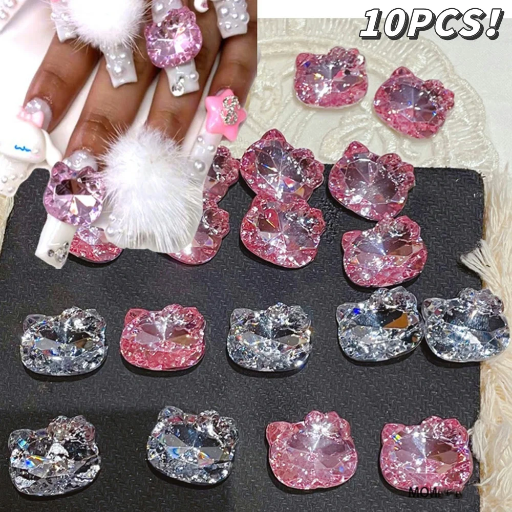 10PCS Hello Kitty Nail Charms Rhinestones Kawaii Cartoon Hellokitty Head Crystal Jewelry DIY Phone Case Crafts Nail Accessories