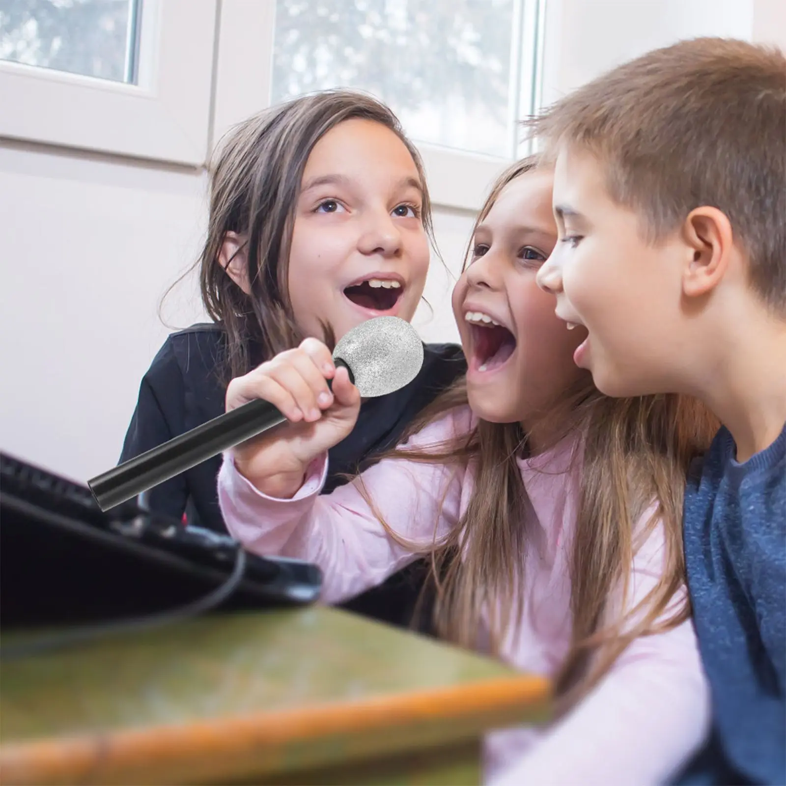 

2pcs Foam Microphone Silver Sparkly Toy Kids Party Favors Lightweight Safe Material Retro Prop Mic Musical Instruments Toddler