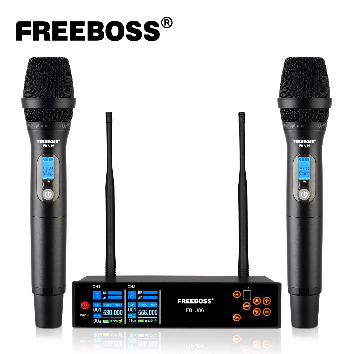 

Freeboss Dynamic Wireless Microphone 2 Handheld Adjustable Frequency UHF Cordless Mic TFT Screen Transmitter for Karaoke FB-U86