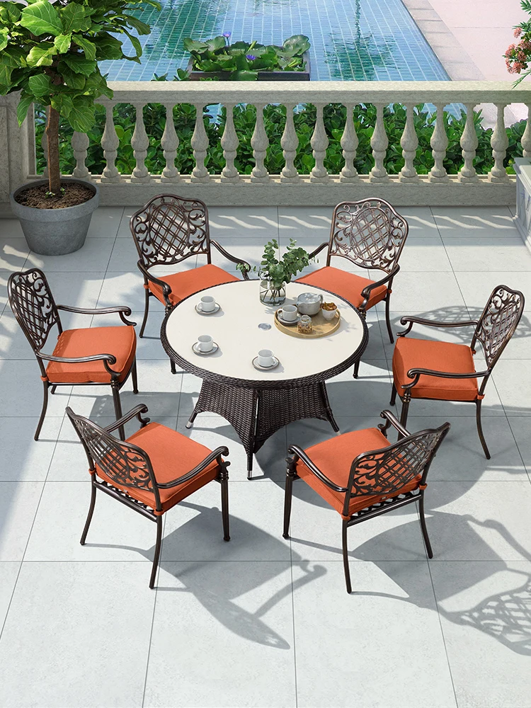 

Garden table and chairs, outdoor courtyard cast aluminum table and chairs, villa outdoor lounge seat, marble tabletop, terrace