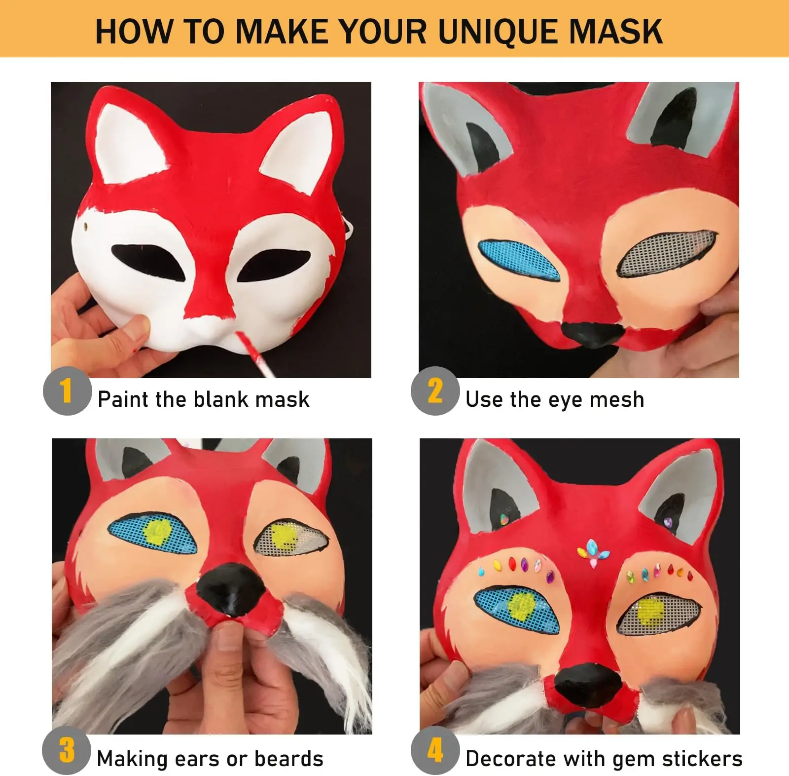 3 Sets Therian Mask Kit Paper Blank Masks Half Face Hand-painted Cat Mask DIY Masks For Masquerade Cosplay Party Gifts