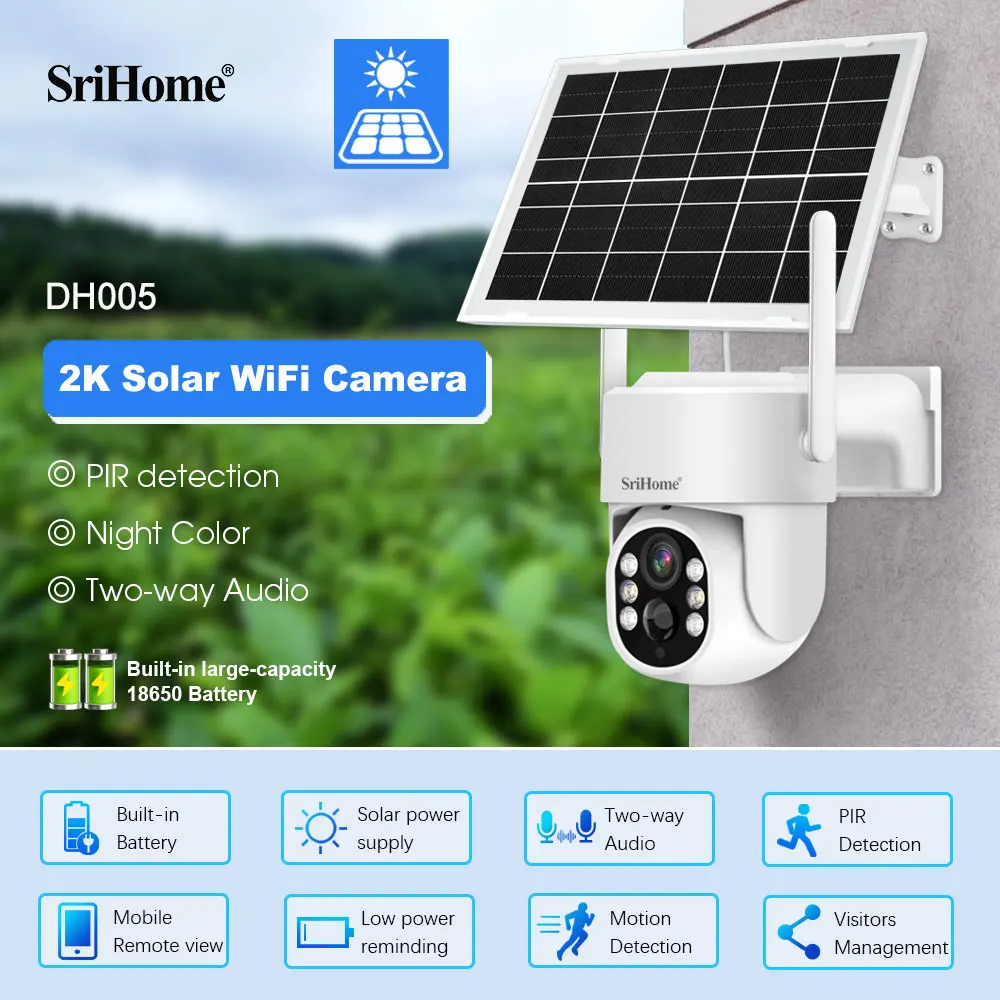 SriHome 4MP DH005 WiFi Solar Battery Camera Ultra Wide Angle PIR Human Detection PTZ Color Night Vision Two Way Audio