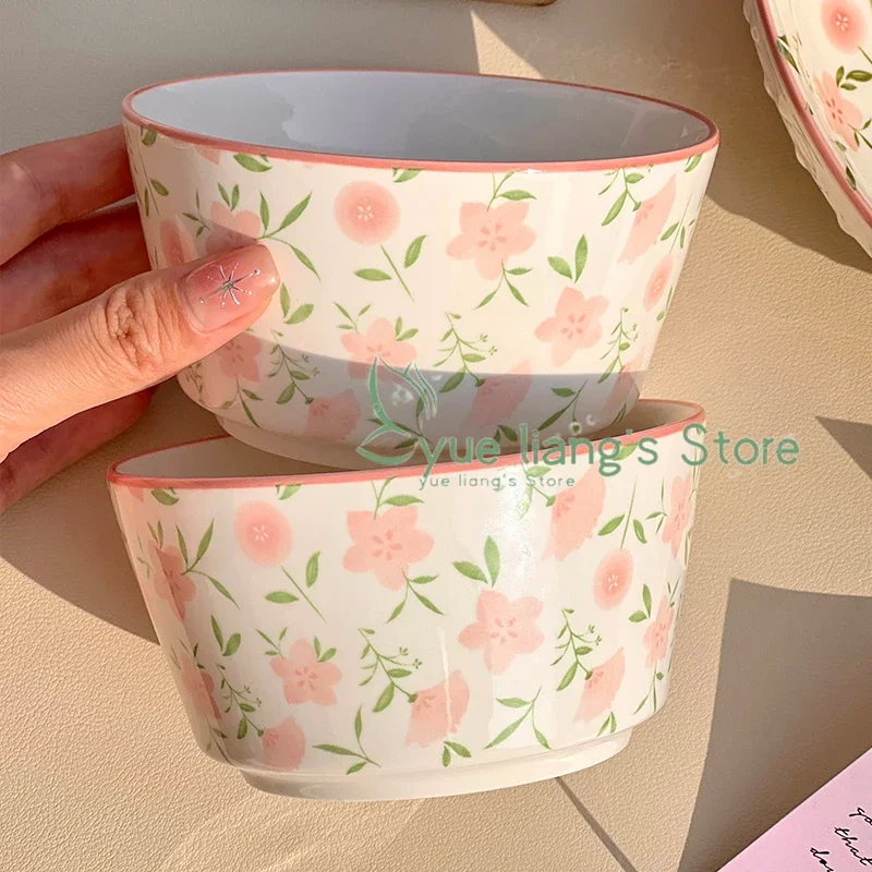 Pink Floral Rice Bowl, Cute Girl Heart Ceramic Underglaze Colored Bowl, Household Yogurt Bowl, Soup Bowl