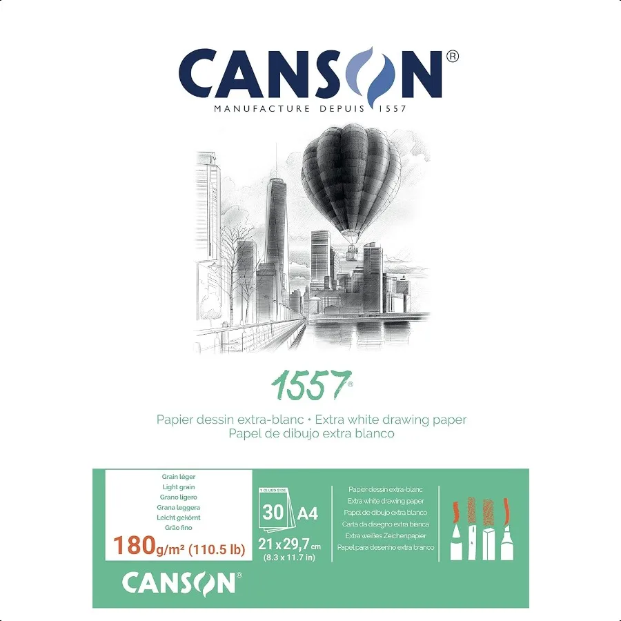 

Canson 1557 180gsm A4 White Drawing Paper Pad Light Grain Glued Short Side 30 Extra White Sheets Ideal for Profional Artists St