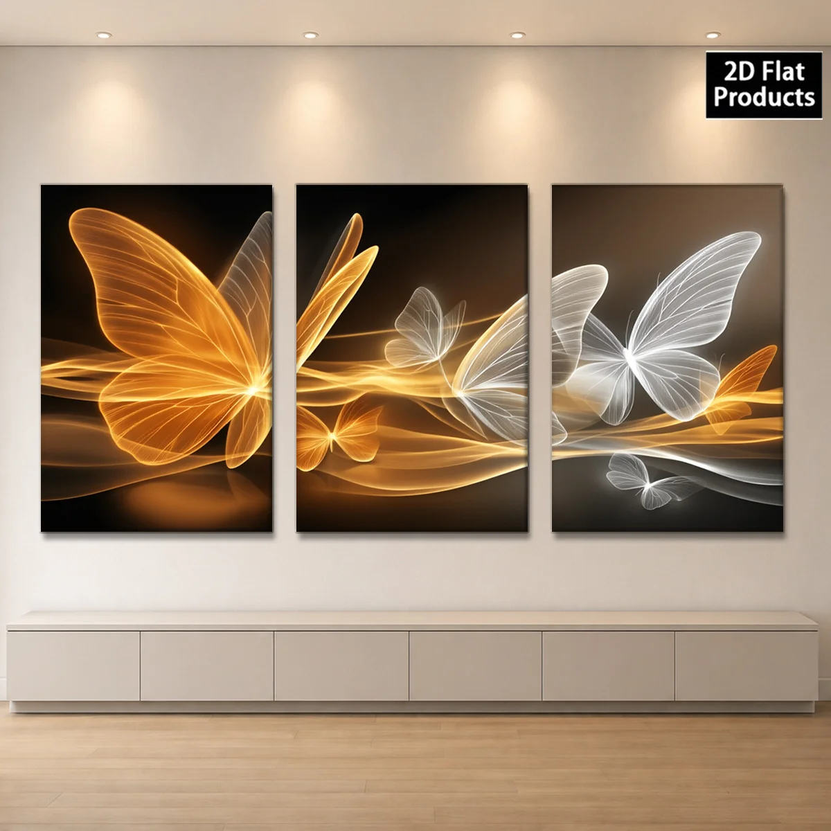 Frameless 3PCS 2D Decorative painting - Canvas painting - Three canvas panels with glowing orange and white butterflies on bl