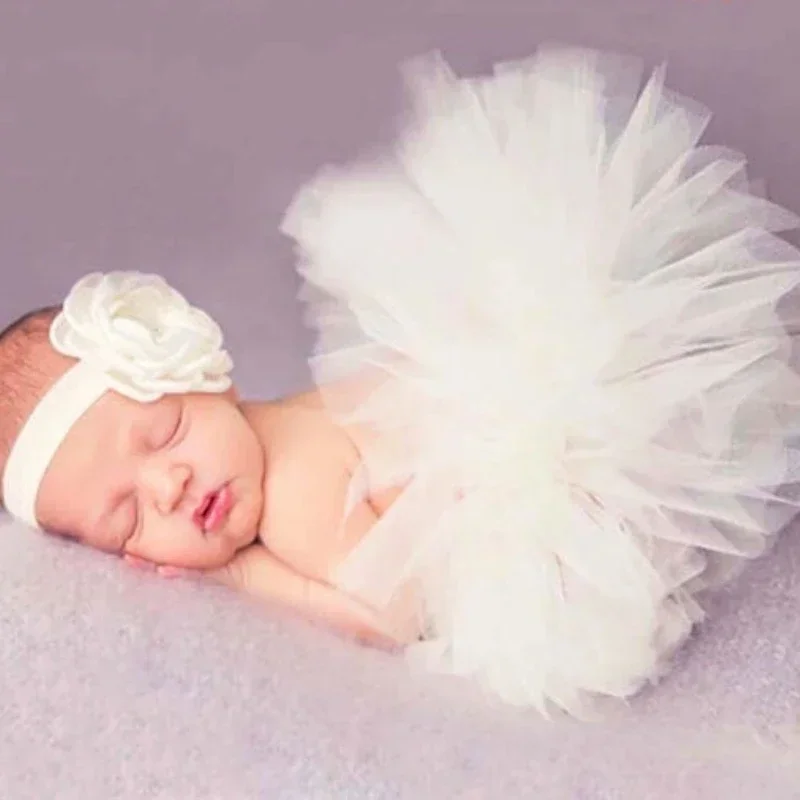 Newborn Photography Props Flower Headband Chiffon Solid Baby Tutu Skirt Suit Cute Babies Girls Short Dress Clothing Studio Photo