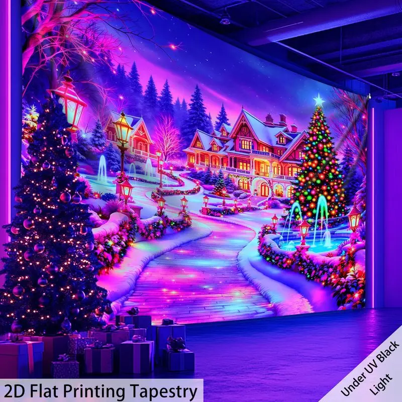 VIKAMA Victorian Mansion Tapestry UV Blacklight Glow Purple Festive Tree Fountain Snowy Path Christmas Holiday Decor