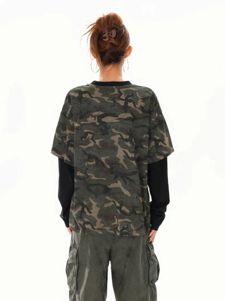 Deeptown Vintage Letter Print Camouflage Women Man Fake Two Piece T-Shirts Long Sleeve American Style Oversized Tees Hip Hop