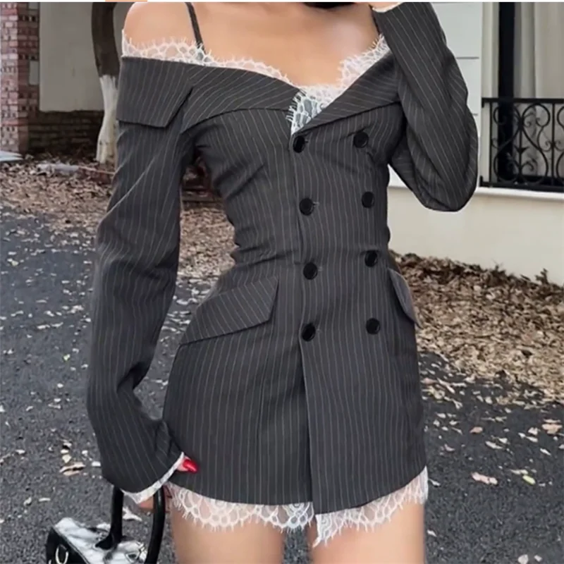 New Sexy Women Lace Patchwork Pencil Mini Blazer Dress Striped Slash Neck Off Shoulder Dress Long Sleeve Slim Short Party Dress