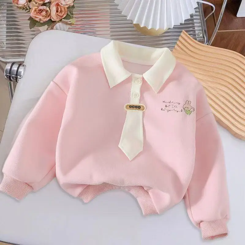 الربيع والخريف فتاة طفل المألوف الكرتون أعلى جديد لطيف الأطفال طوق كلية نمط قميص أطفال أعلى 80-130 سنتيمتر