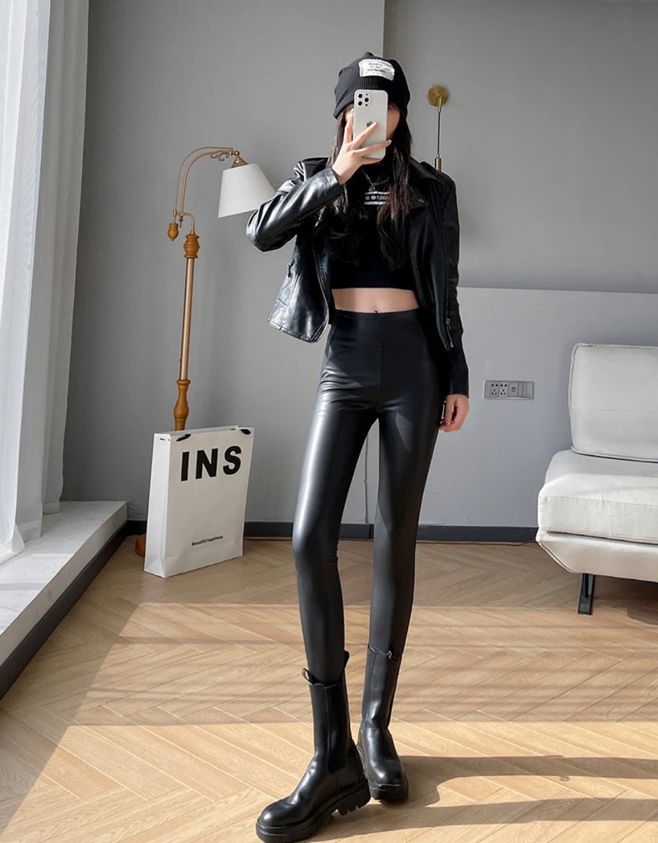 Herbst Winter Damen High Waist Tights Stretch Weiche Dünne Fleece Leggings Sexy Schlankmachende PU-Lederhosen Modische Damenkleidung – Detail 6