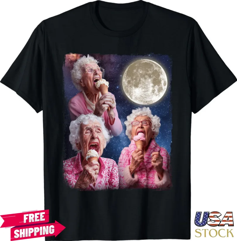 Funny Grandma Howling Moon Grandma Licking Ice Cream Unisex T-Shirt