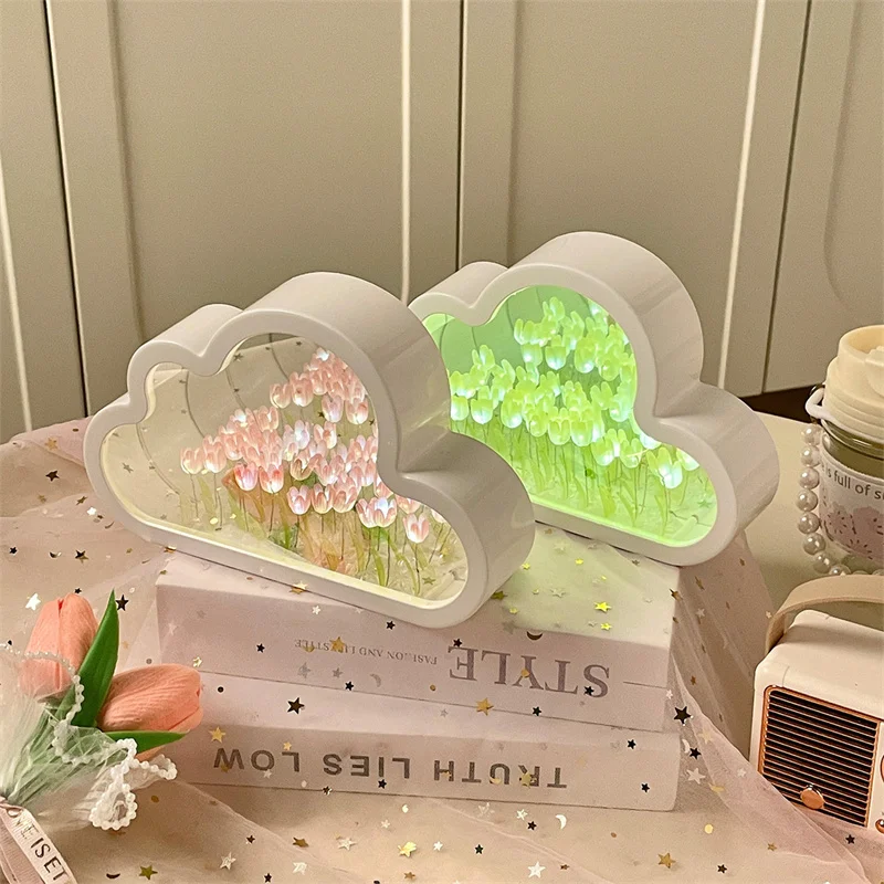 Cloud Tulip Night Light Handmade DIY Material Flower Home Decor Mirror Creative Atmosphere Lamp Birthday Gift Valentine\'s Day