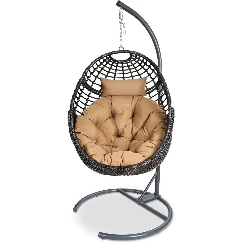 Outdoor Rattan Egg Swing Chair with Stand and Cushion, Up to 330lbs, Ideal for Patio, Garden, or Bedroom - Brown