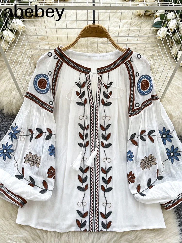 

Новые осенние винтажные блузки с тяжелой вышивкой, женские блузки Y2k на шнуровке с длинными рукавами и кисточками, Blusas Mujer, свободные рубашки с круглым вырезом, повседневный топ