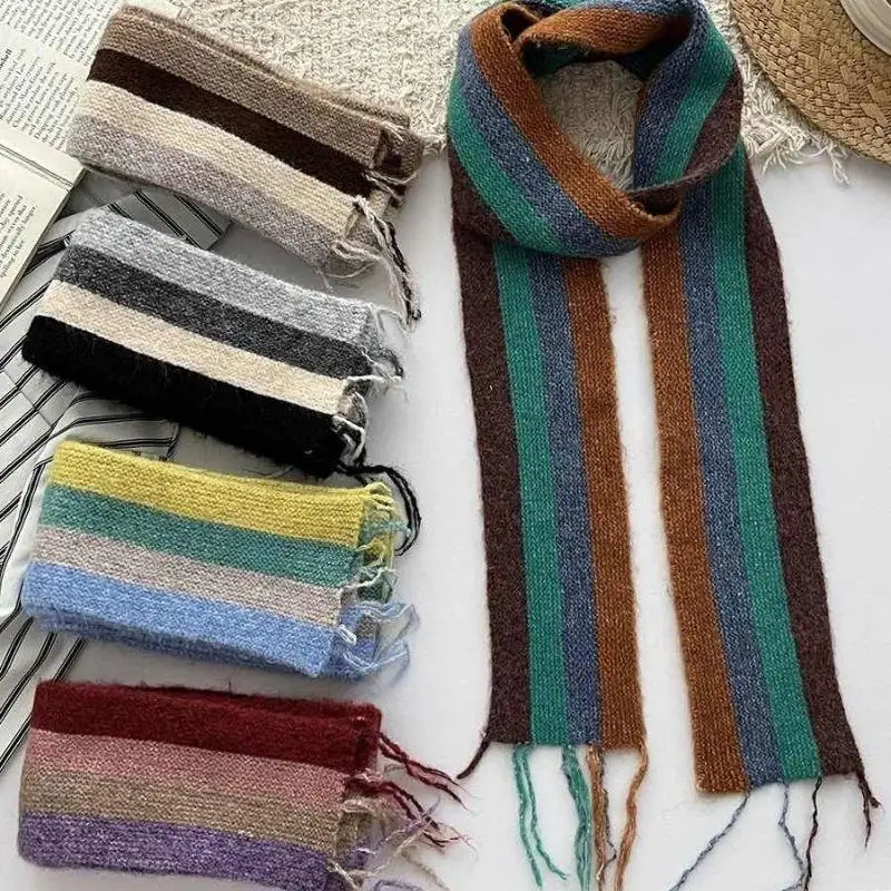 

Trendy Winter Scarf Women Cashmere Stripe Scarves Thicken Warmer Soft Pashmina Shawls Wraps Female Colorful Knitted Long Scarf