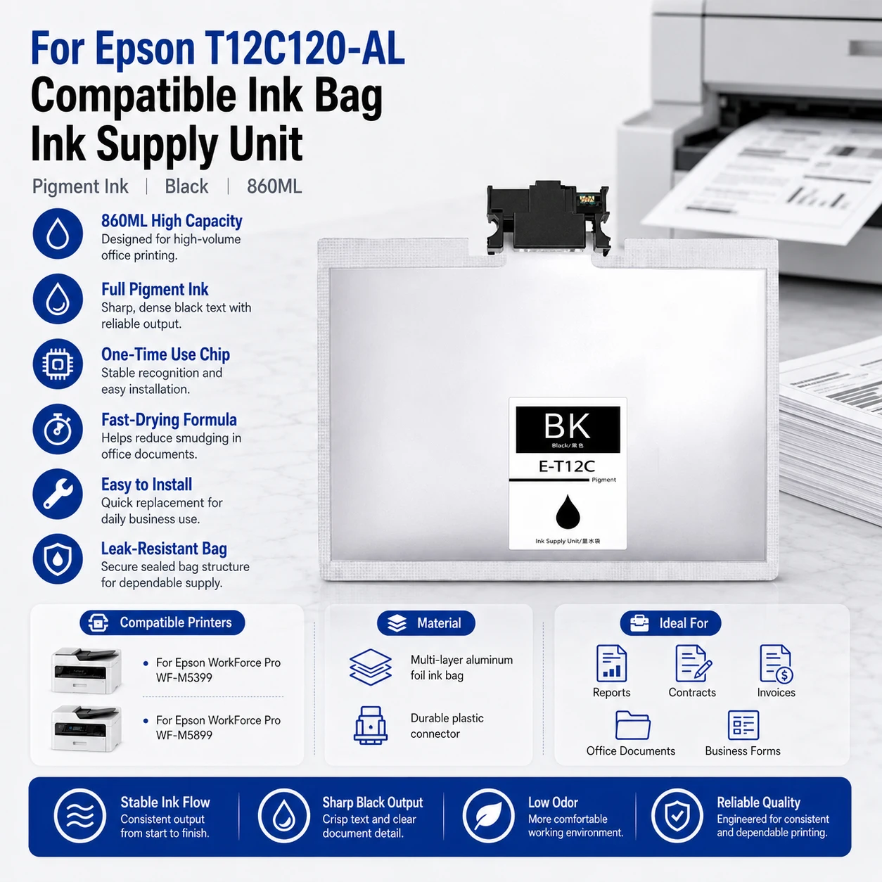 T12C Black Ink Bag Ink Supply Unit With Full Pigment Ink Chip T12C120-AL For Epson WF-M5399 WF-M5899 860ML South-America