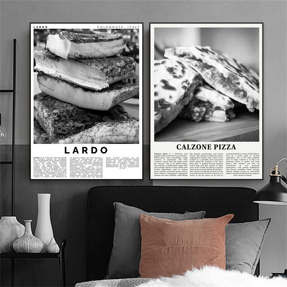 Vintage Calzone Pizza Poster Canvas Painting Lardo Black and White   Prints Kitchen Meat Food Wall Art Home Dinning Room Decor