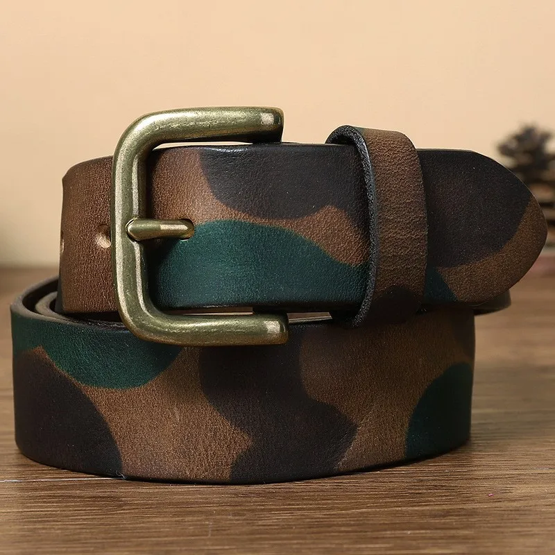 Camouflage pure leather belt for young men women with copper buttons