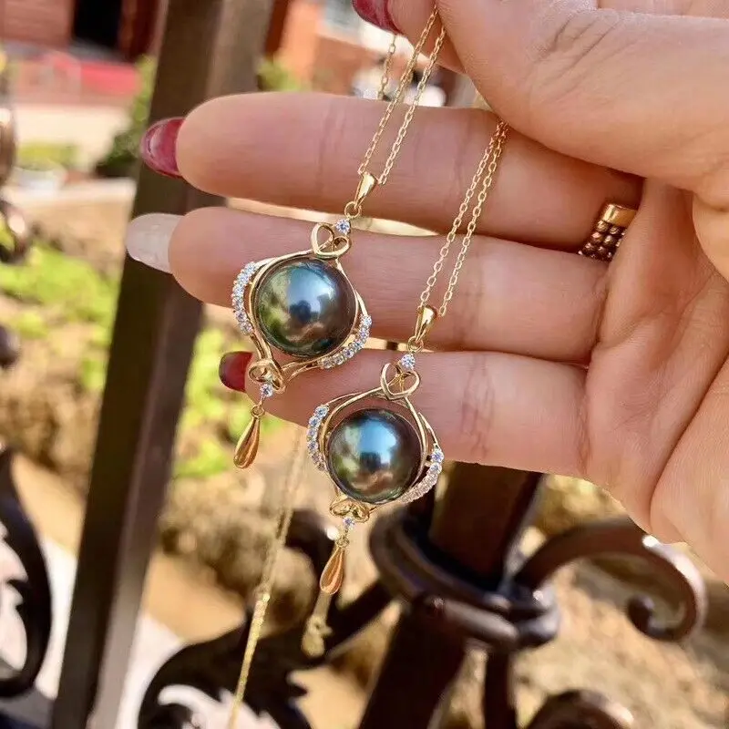 Pretty Design AAA+++ 10-11mm Tahitian Black Round Pearl Pendant Necklace 925s