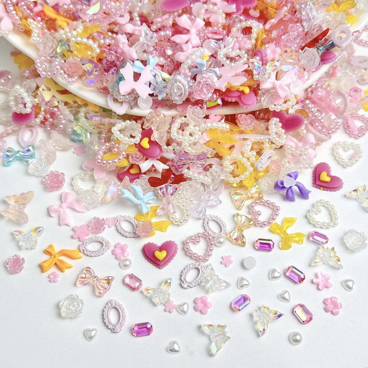 100개 랜덤 믹스 플라워 네일 참 스윗 레진 플랫백 문 네일 아트 데코레이션 액세서리 매니큐어 DIY