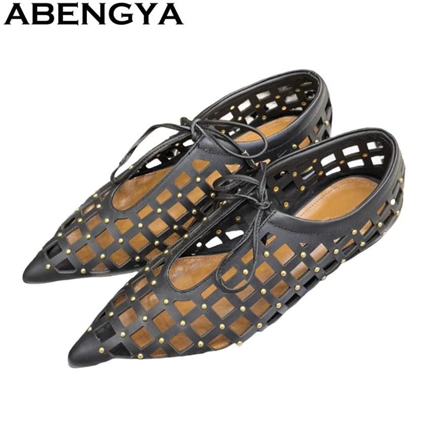 

ABENGYA/2020 летние новые женские туфли на плоской подошве из натуральной кожи с острым носком, модные женские прогулочные туфли на шнуровке