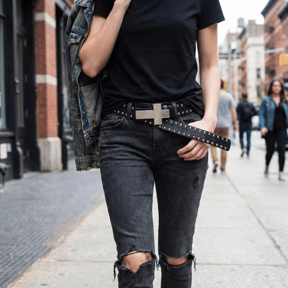 All-match Harajuku Style Belt Studded Design Black Color Punk Studded Belt Rivet Details Edgy Cross Hip Hop Belt Rock Party