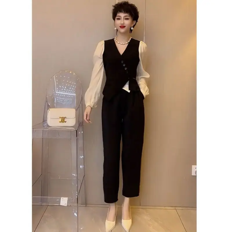 Neploe Fashion Minority Chin V Neck Patchwork Suit Veste Femme Hepburn Style Western Pencil Pants New Casual Moda Set Pantalon