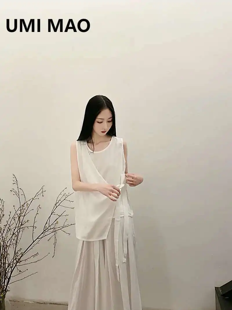 UMI MAO Harajuku Top Spring Summer  Women Fashion New Homemade Cotton Cool Irregular Flowing Splice Design Lace Up Tank Top