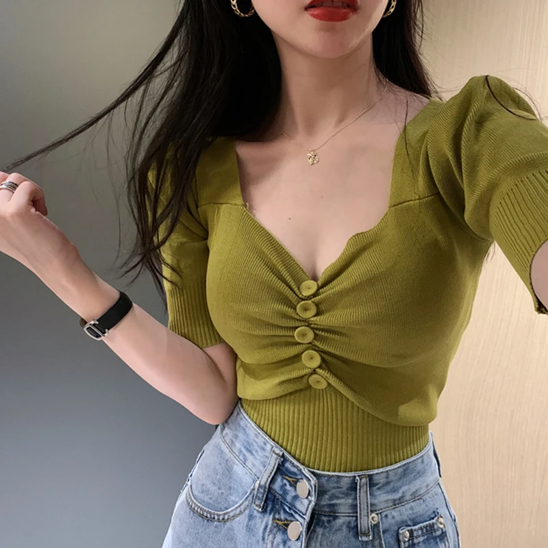 Knitted T-shirts Women Short Sleeve V-neck Sexy Slim Crop Tops Females Summer Elegant Casual Clothes Solid Chic Fashion Korean