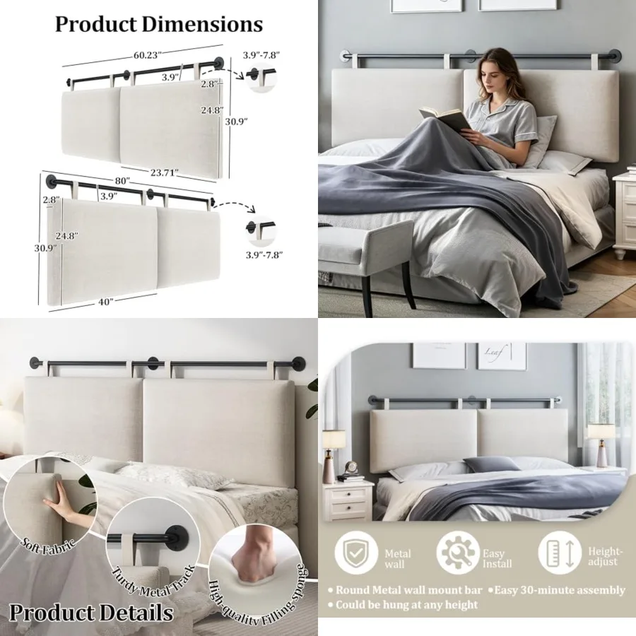 

Headboards Queen Size Bed Headboard Wall Mounted with Linen Upholstery Hanging Headboard for Bedroom, Beige